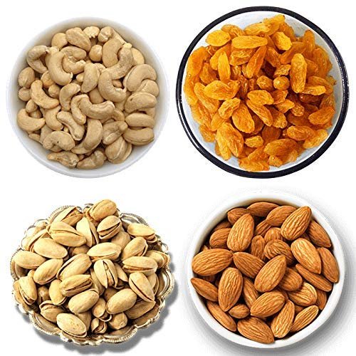 Assorted dry fruits including cashews, raisins, pistachios and almonds